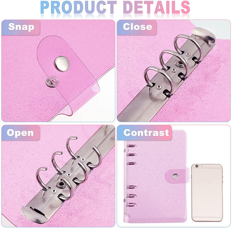 A6 PVC segtuvų skaidrus, pakartotinai užpildomas 6 žiedų nešiojamojo kompiuterio dangtelis su užsegamu mygtuku, skirtas nešiojamojo kompiuterio asmeniniam planuotojui su laisvų lapų aplanku