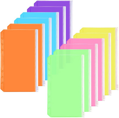 12 PCS A6 PVC Notebook Binder Loose Leaf Bags Colorful Holes Binder Zipper Folders Waterproof Pouch Document Filing Bags