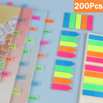 200pcs Color Fluorescent Sticky Note Paper Index Label Paper Writable Mark PET Bookmark Mark Student Stationery Office Supplies