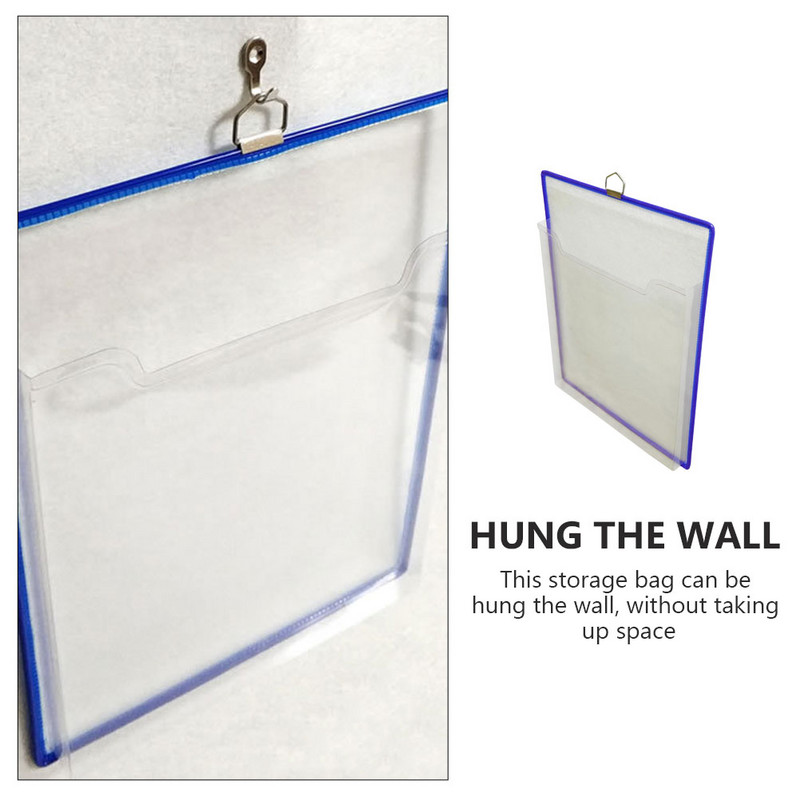 Pakabinamas failų aplankas, tvirtinamas prie sienos: permatomas kvitų tvarkytuvas, mėlynas A4 formato popierinis dokumentų laikiklis, lapai, laikymas horizontaliai