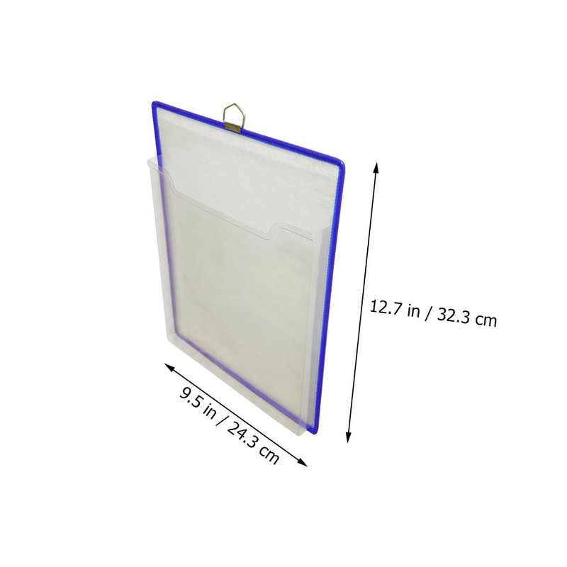 Pakabinamas failų aplankas, tvirtinamas prie sienos: permatomas kvitų tvarkytuvas, mėlynas A4 formato popierinis dokumentų laikiklis, lapai, laikymas horizontaliai