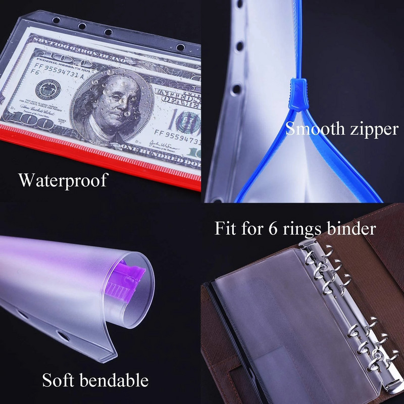 12kom džepova za registratore A5/A6 Kuverte za gotovinu Mapa sa patentnim zatvaračem za bilježnice s registratorom sa 6 prstenova Vreće s listovima, vodootporne PVC vrećice za arhiviranje