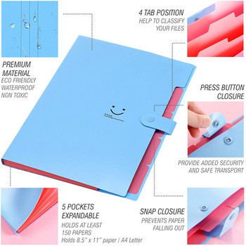 Размер A4 Пластмасова цветна разширяема преносима папка с файлове 5 джоба Органайзер за документи на акордеон за училищен офис у дома