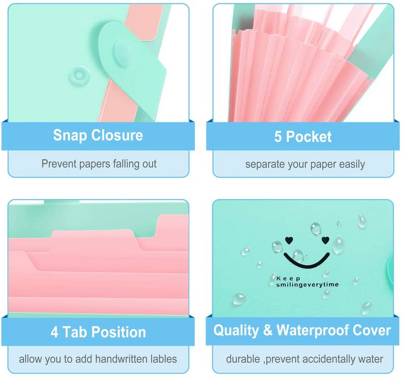Μέγεθος A4 Πλαστικό Πολύχρωμο Επεκτάσιμο Φορητό Φάκελο Αρχείων 5 Τσέπες Ακορντεόν Οργανωτής Εγγράφων για Σχολικό Γραφείο Σπίτι