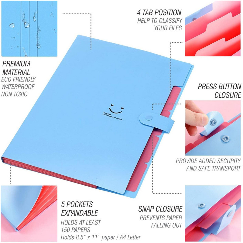 Μέγεθος A4 Πλαστικό Πολύχρωμο Επεκτάσιμο Φορητό Φάκελο Αρχείων 5 Τσέπες Ακορντεόν Οργανωτής Εγγράφων για Σχολικό Γραφείο Σπίτι