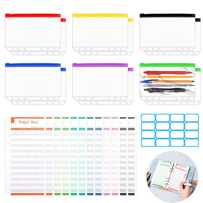 A6 Zipper Binder Pockets Waterproof 6 Holes Binder Bags Document Pouch with 12Pcs Budget Sheets and Labels for Binder Notebooks