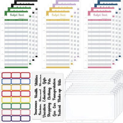 12 τεμάχια Α6 Μέγεθος 6 τρύπες τσέπες βιβλιοδεσίας 12 φύλλα προϋπολογισμού Φύλλα παρακολούθησης εξόδων και 3 φύλλα Αυτοκόλλητο φάκελος μετρητών για προγραμματιστές