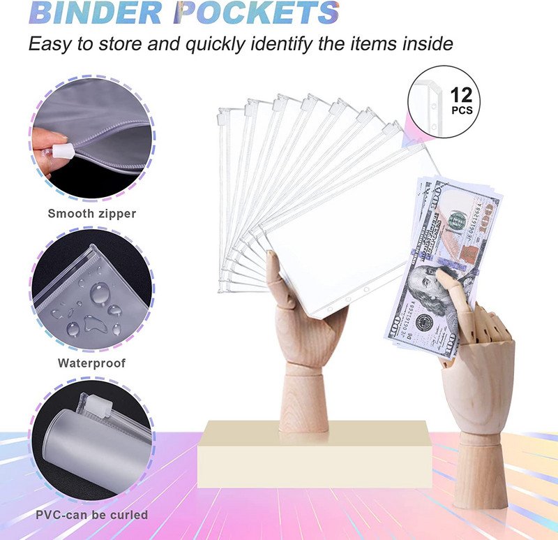 12 τεμάχια Α6 Μέγεθος 6 τρύπες τσέπες βιβλιοδεσίας 12 φύλλα προϋπολογισμού Φύλλα παρακολούθησης εξόδων και 3 φύλλα Αυτοκόλλητο φάκελος μετρητών για προγραμματιστές