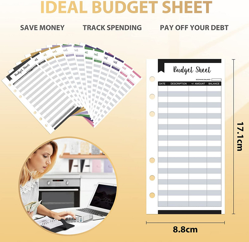 12 τεμάχια Α6 Μέγεθος 6 τρύπες τσέπες βιβλιοδεσίας 12 φύλλα προϋπολογισμού Φύλλα παρακολούθησης εξόδων και 3 φύλλα Αυτοκόλλητο φάκελος μετρητών για προγραμματιστές