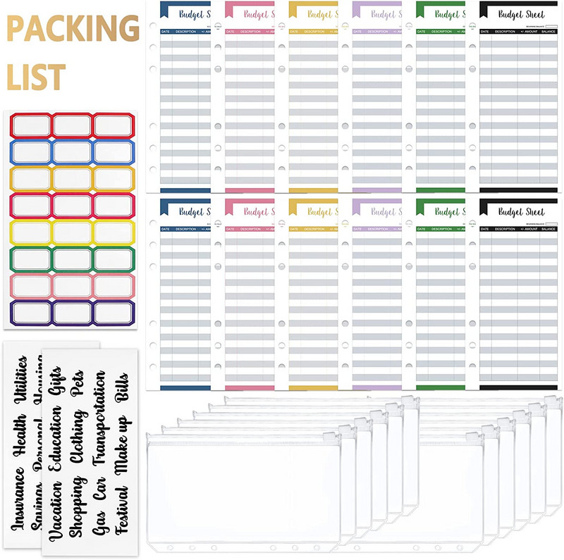12 τεμάχια Α6 Μέγεθος 6 τρύπες τσέπες βιβλιοδεσίας 12 φύλλα προϋπολογισμού Φύλλα παρακολούθησης εξόδων και 3 φύλλα Αυτοκόλλητο φάκελος μετρητών για προγραμματιστές