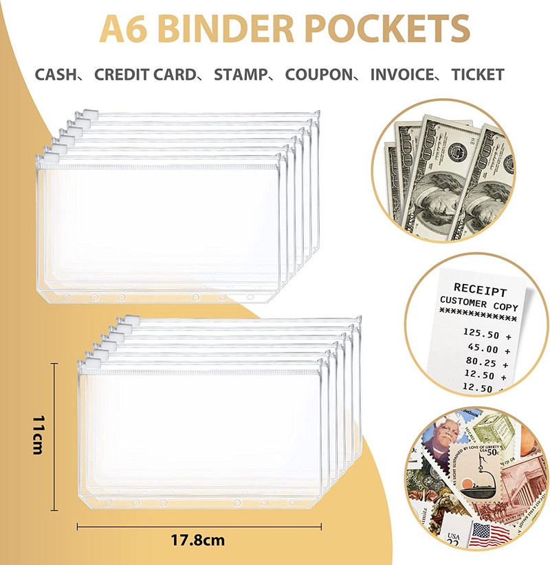 12 τεμάχια Α6 Μέγεθος 6 τρύπες τσέπες βιβλιοδεσίας 12 φύλλα προϋπολογισμού Φύλλα παρακολούθησης εξόδων και 3 φύλλα Αυτοκόλλητο φάκελος μετρητών για προγραμματιστές