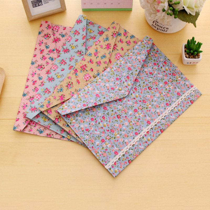 1db Vintage Flowers File Mappa Pamut szövet Gomb Zárás Dokumentumok Szervező Nagy kapacitású tárolótáska Kawaii írószer