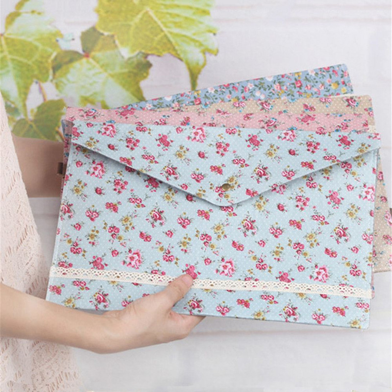 1db Vintage Flowers File Mappa Pamut szövet Gomb Zárás Dokumentumok Szervező Nagy kapacitású tárolótáska Kawaii írószer