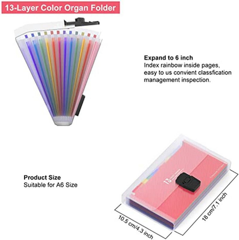 13 kišenių mini failų aplankai Išplečiamas vaivorykštinis kelių sluoksnių aplankas A6 raidžių dydžio failų tvarkyklė saugojimui Sąskaita faktūra / kortelės / kuponas
