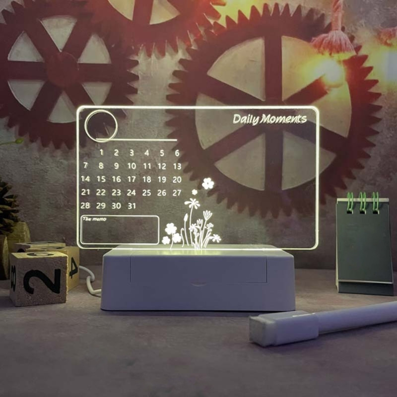 Planificator de calendar de birou din acril transparent Lumină de noapte cu LED cu marker șters de suport Planificator de calendar de birou