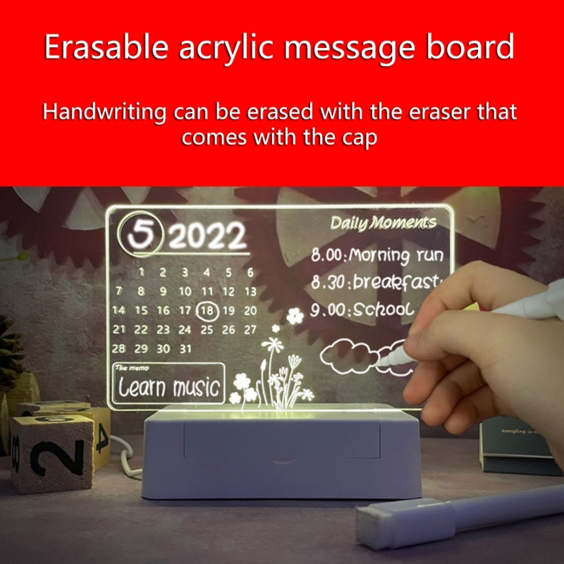 Planificator de calendar de birou din acril transparent Lumină de noapte cu LED cu marker șters de suport Planificator de calendar de birou