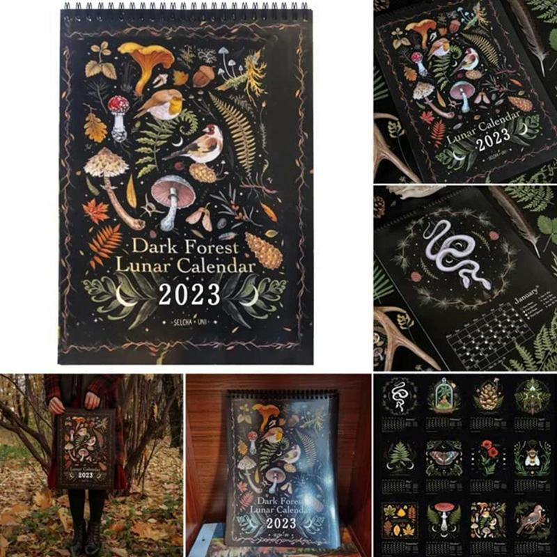 Kalendar Dark Forest za 2023. Kreativni ilustrirani zidni lunarni kalendari Vodootporni umjetnički astrološki mjesečev kalendar s tintom u boji, poklon