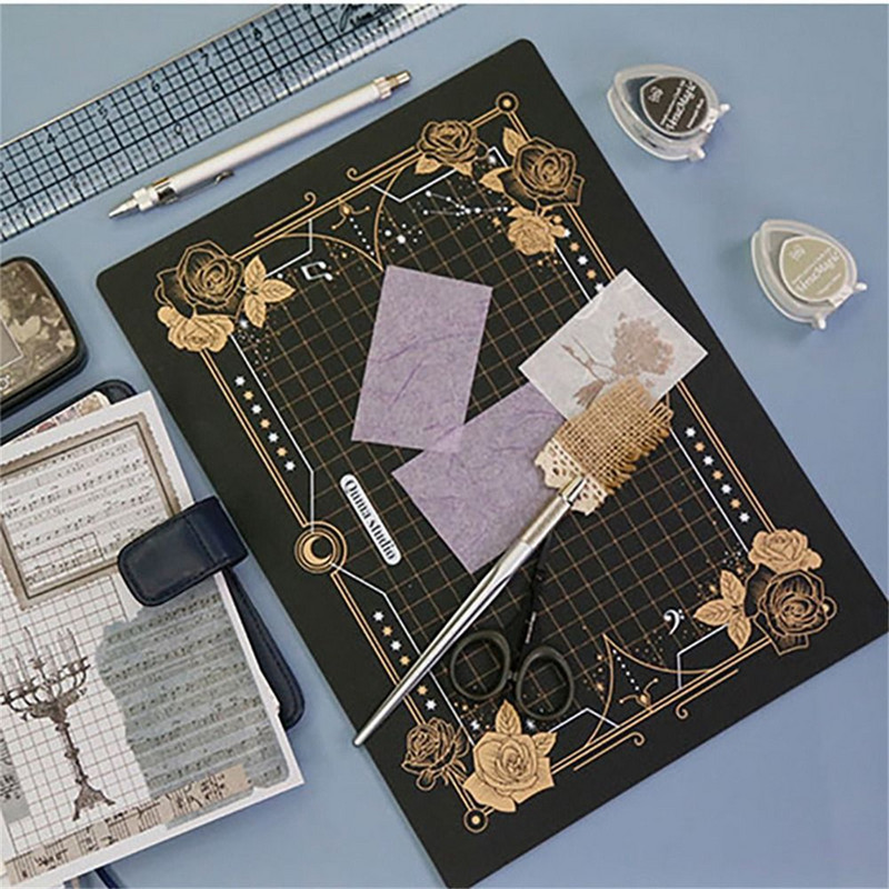 1 gab A4 maģisko masīvu griešanas paklājs, pašdziedinošs amatniecības paklājiņš, nazis, gravēšanas kartītes audums, āda, papīrs, griešanas dēļa instrumentu paliktnis