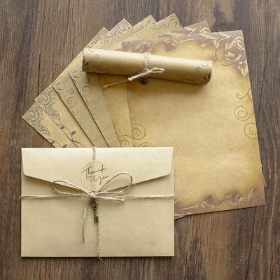Ретро винтидж крафт плик комплект подложки за писма Стари европейски стил Любовно писмо Пликове за покана Хартия за писане с въже