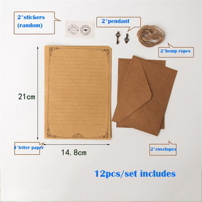 12 ks/sada vintage kraft obálok s príveskom, konopné lano, príslušenstvo, písacie potreby, školské písacie potreby