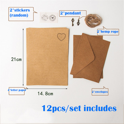 12 ks/sada vintage kraft obálok s príveskom, konopné lano, príslušenstvo, písacie potreby, školské písacie potreby