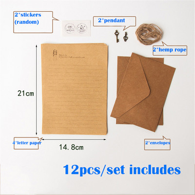 12 ks/sada vintage kraft obálok s príveskom, konopné lano, príslušenstvo, písacie potreby, školské písacie potreby