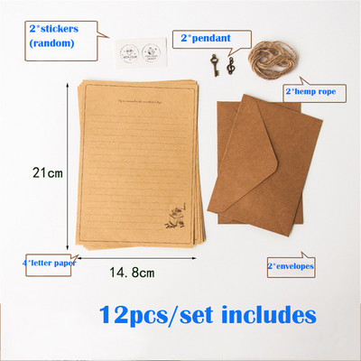 12 ks/sada vintage kraft obálok s príveskom, konopné lano, príslušenstvo, písacie potreby, školské písacie potreby
