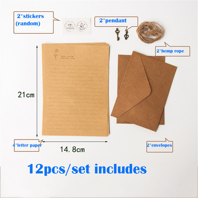 12 ks/sada vintage kraft obálok s príveskom, konopné lano, príslušenstvo, písacie potreby, školské písacie potreby