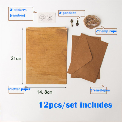 12 ks/sada vintage kraft obálok s príveskom, konopné lano, príslušenstvo, písacie potreby, školské písacie potreby