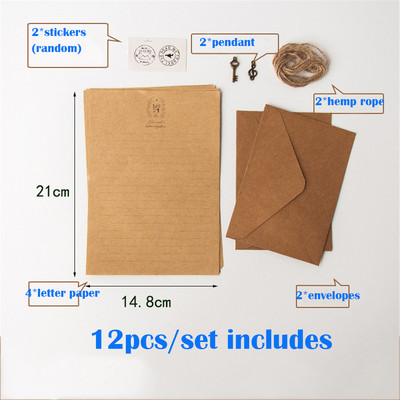 12 ks/sada vintage kraft obálok s príveskom, konopné lano, príslušenstvo, písacie potreby, školské písacie potreby
