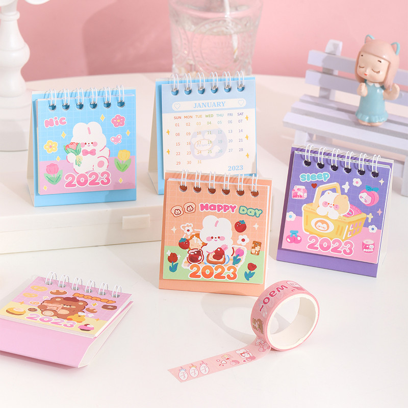 1 kom. slatka mini crtana životinja, medvjed, zec, kalendar, planer, stolni ukras, kalendar za 2023., studentski uredski stolni ukras za stol
