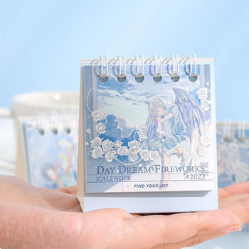 1 бр. 2023 Сладък мини фентъзи приказен настолен календар Творчески романтичен малък календар Син илюстрационен настолен орнамент