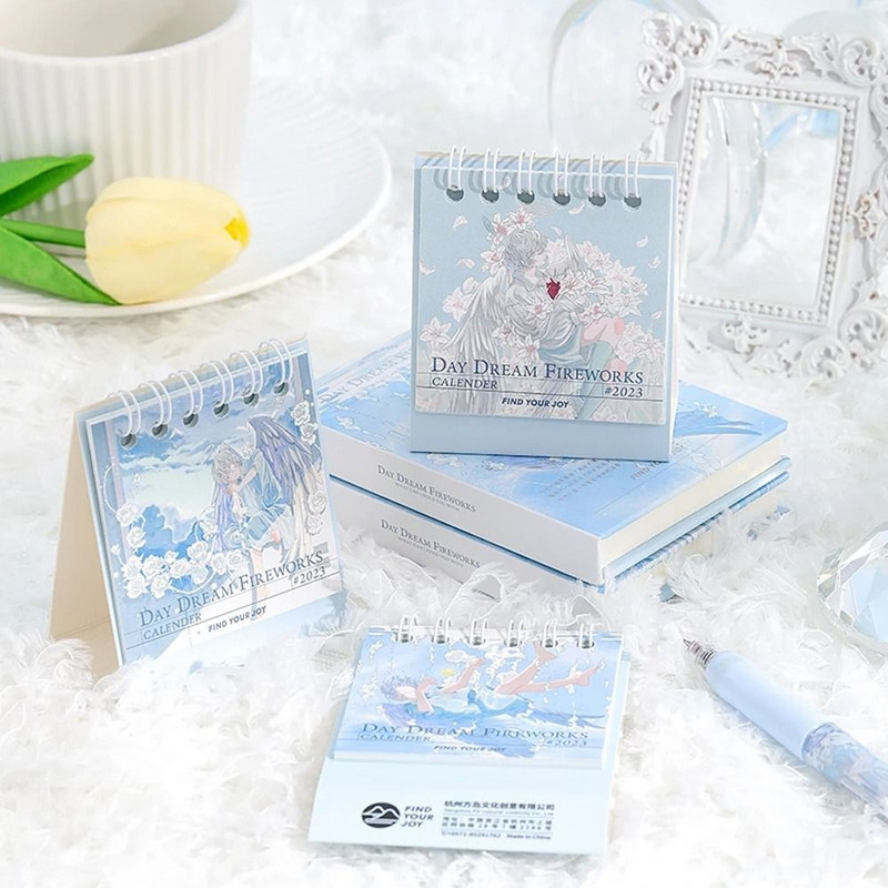 1 vnt. 2023 m. mielas mini fantastinis pasakų stalinis kalendorius kūrybingas romantiškas mažas kalendorius mėlynos iliustracijos stalo ornamentas