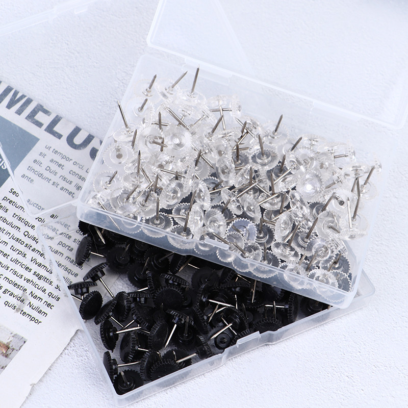 100X ace de hărți transparente/negre Știfturi multifuncționale asemănătoare angrenajului Tachete decorative pentru birou, școală, avizier 12x16mm