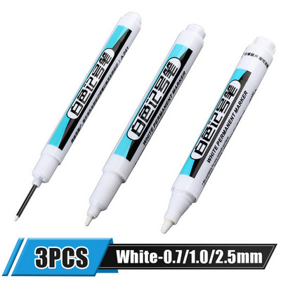 3 vnt. baltos spalvos nuolatinių dažų rašiklio rinkinys, skirtas medienai uolienai, plastikui, odai, stiklui, akmeniui, metalui drobei, keraminiam giliųjų skylių žymekliui 0,7/1,0/2,5 mm