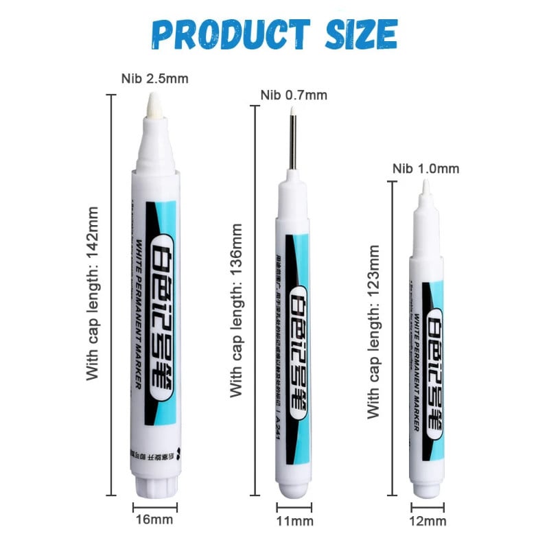 3 vnt. baltos spalvos nuolatinių dažų rašiklio rinkinys, skirtas medienai uolienai, plastikui, odai, stiklui, akmeniui, metalui drobei, keraminiam giliųjų skylių žymekliui 0,7/1,0/2,5 mm