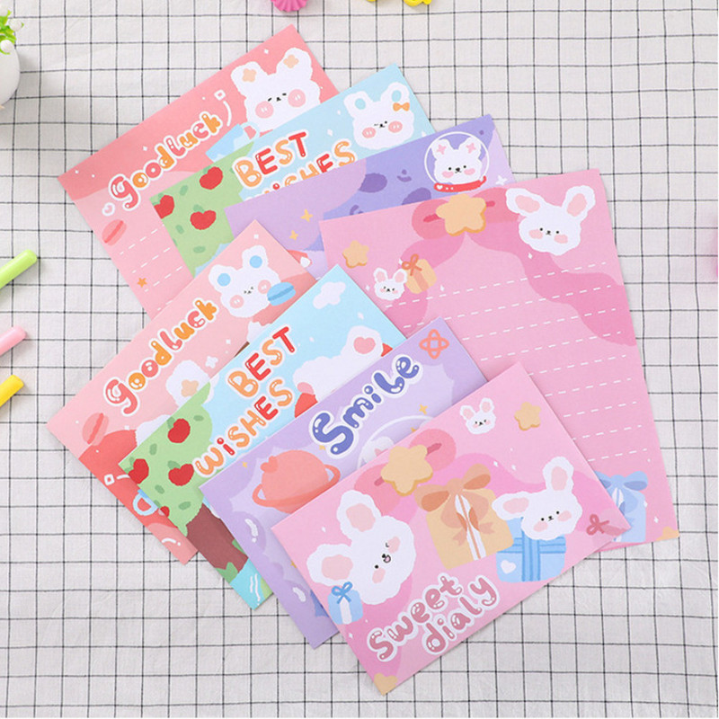 5 set de plicuri cu iepuri de desene animate drăguți cu hârtie pentru scrisori, scrisori, scrisori, mesaj de zi de naștere, papetărie Kawaii