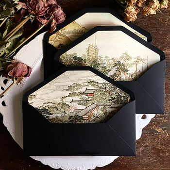 Винтидж плик в китайски стил ретро Jiangnan традиционна живопис цветна подплата модел черен подарък покана плик корица
