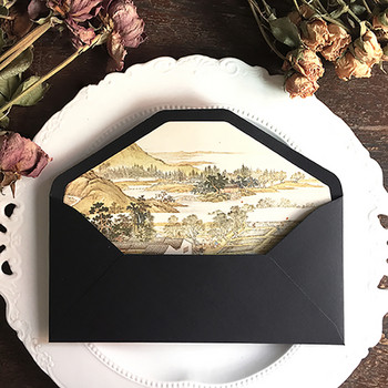 Винтидж плик в китайски стил ретро Jiangnan традиционна живопис цветна подплата модел черен подарък покана плик корица
