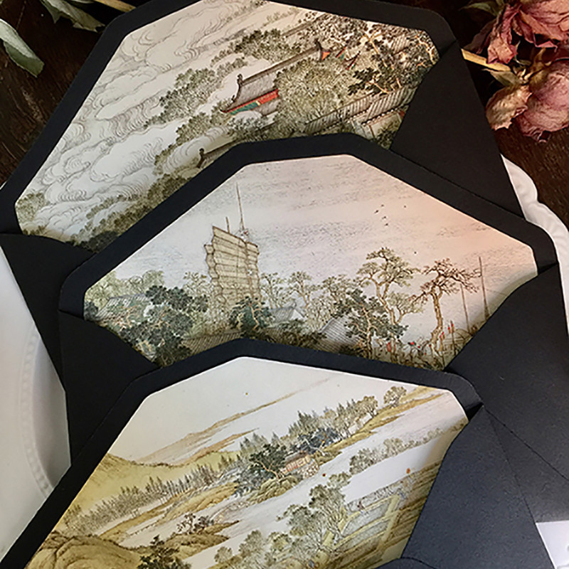 Vintage omotnica u kineskom stilu, retro Jiangnan tradicionalna slika u boji, crna omotnica za pozivnicu za poklon