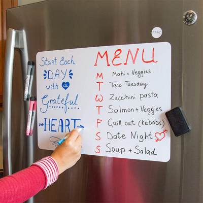 A4-suuruses magnetilise kuivkustutusplaadi külmiku markerid valge tahvli leht, koduköögis kustutatav painduv külmkapimagneti memo toidukaupade nimekiri