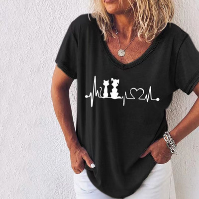 Retro sieviešu T krekls Anime Cat Graphic Meiteņu apģērbi Vasaras V veida kakla izgriezuma Tīkli ar īsām piedurknēm Sieviešu Harajuku Streetwear Liela izmēra blūze