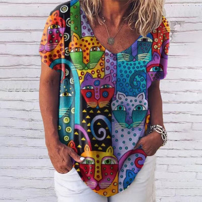 Retro sieviešu T krekls Anime Cat Graphic Meiteņu apģērbi Vasaras V veida kakla izgriezuma Tīkli ar īsām piedurknēm Sieviešu Harajuku Streetwear Liela izmēra blūze