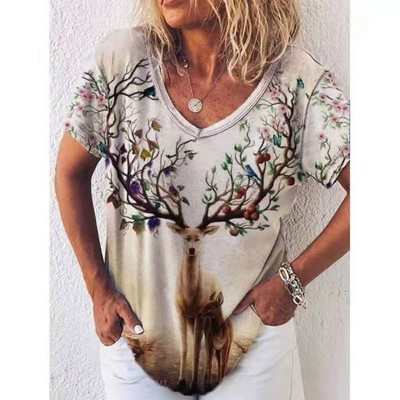 Retro sieviešu T krekls Anime Cat Graphic Meiteņu apģērbi Vasaras V veida kakla izgriezuma Tīkli ar īsām piedurknēm Sieviešu Harajuku Streetwear Liela izmēra blūze