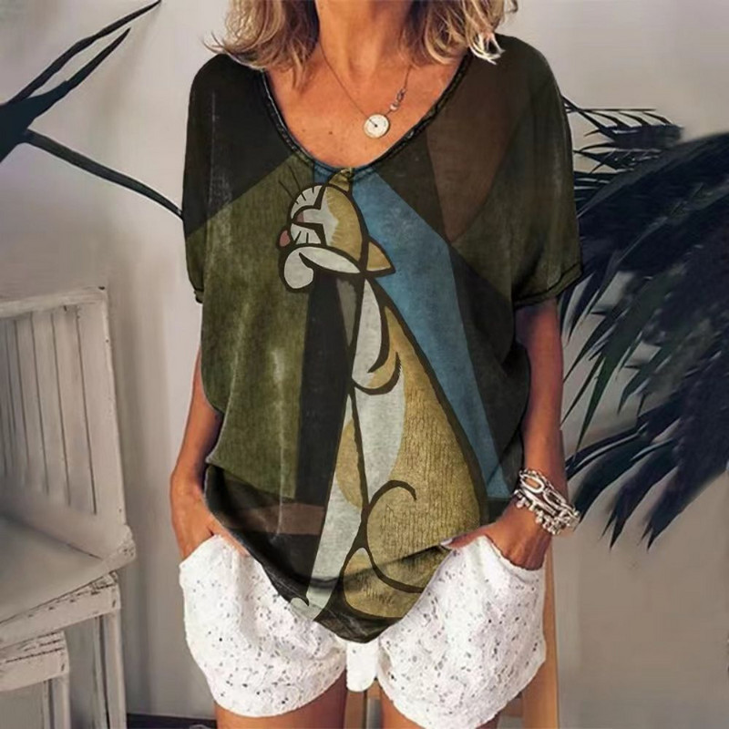 Retro sieviešu T krekls Anime Cat Graphic Meiteņu apģērbi Vasaras V veida kakla izgriezuma Tīkli ar īsām piedurknēm Sieviešu Harajuku Streetwear Liela izmēra blūze