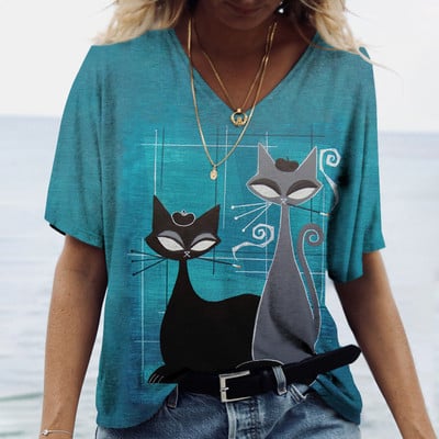 Naiste T-särk Multikas kassiga suvise lühikeste varrukatega V-kaelusega Kawaii mood vabaaja T-särgid kassi naljaka naiselikkusega rõivastega