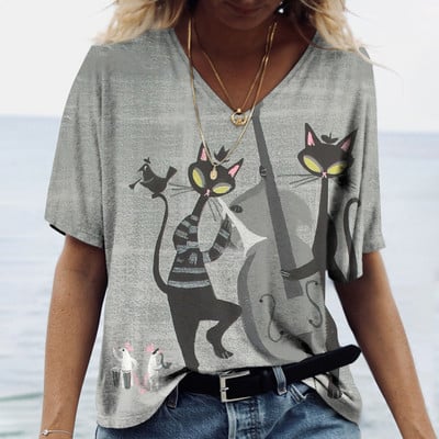 Naiste T-särk Multikas kassiga suvise lühikeste varrukatega V-kaelusega Kawaii mood vabaaja T-särgid kassi naljaka naiselikkusega rõivastega