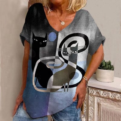 Naiste T-särk Multikas kassiga suvise lühikeste varrukatega V-kaelusega Kawaii mood vabaaja T-särgid kassi naljaka naiselikkusega rõivastega