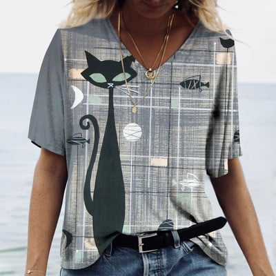 Naiste T-särk Multikas kassiga suvise lühikeste varrukatega V-kaelusega Kawaii mood vabaaja T-särgid kassi naljaka naiselikkusega rõivastega