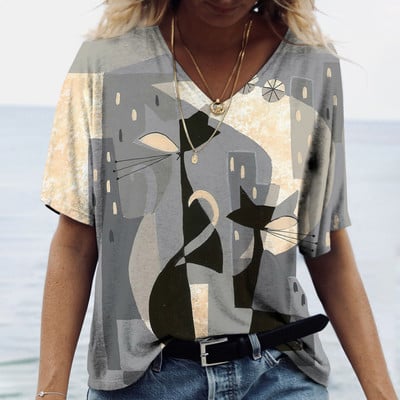 Naiste T-särk Multikas kassiga suvise lühikeste varrukatega V-kaelusega Kawaii mood vabaaja T-särgid kassi naljaka naiselikkusega rõivastega